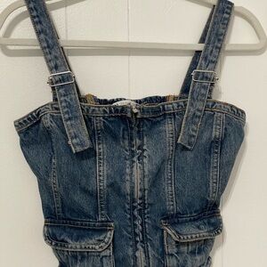 Zara Denim cropped zip top with Adjustable Straps and front pockets - Blue